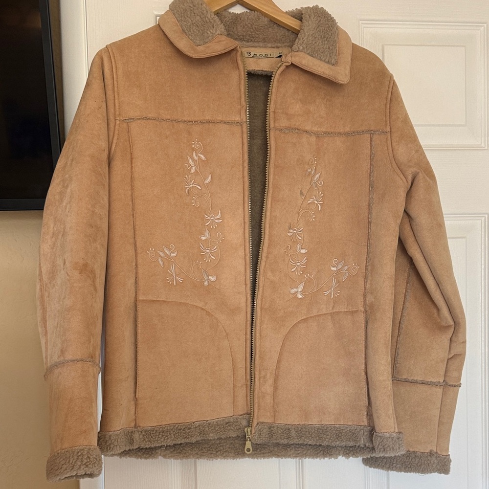 Embroidered Tan Shearling Leather Jacket